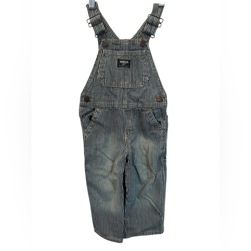 Oshkosh B gosh Overalls Sz 2T Conductor Stripe Vestbak Denim Jeans Snaps